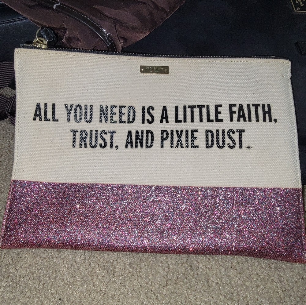 Kate Spade Cream and Pink Purple Glitter Cosmetic Bag